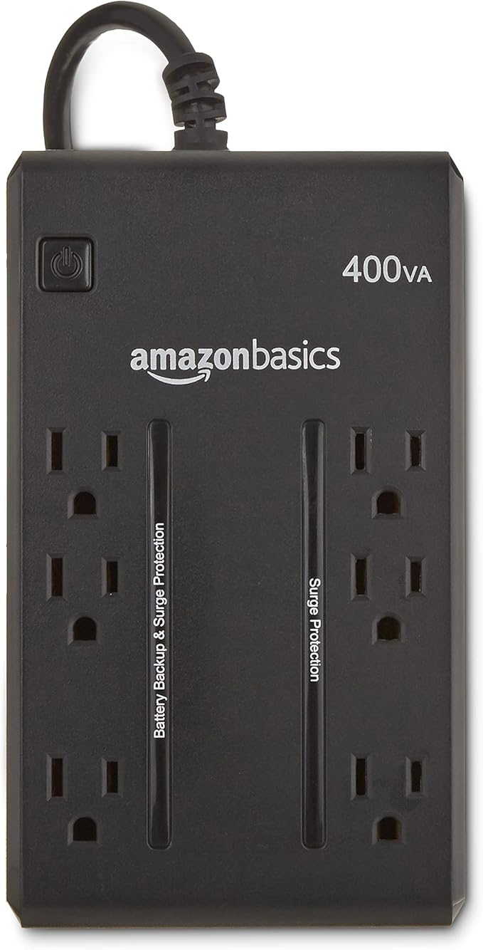 Amazon Basics UPS Battery Backup & Surge Protector, 400VA/255W, 6 Outlets, Uninterruptible Power Supply, Small Compact Size, Black