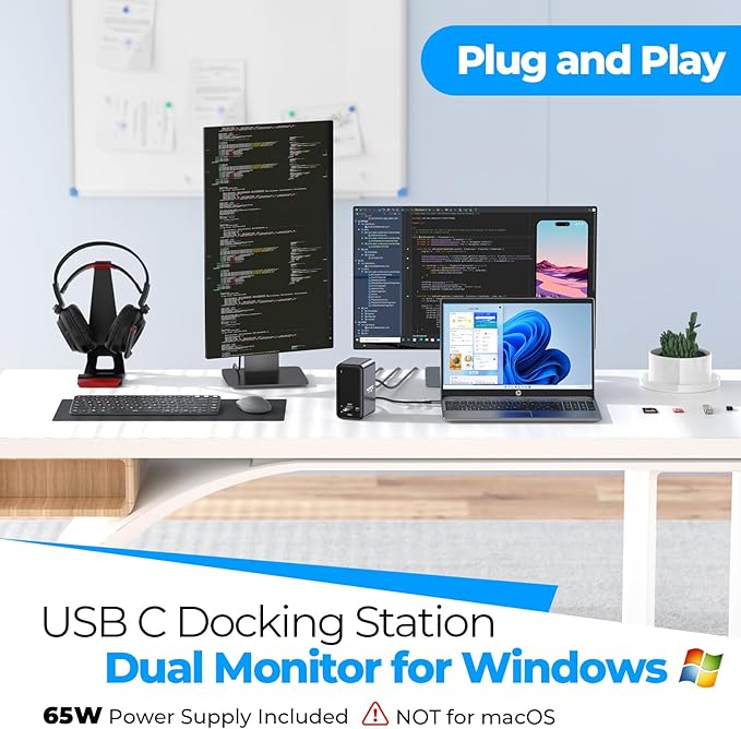 4URPC USB C Docking Station Dual Monitor, Dual HDMI USB C Dock, Laptop Docking Station with 2 HDMI Ports, VGA, 7 USB, 65W Power Adapter, Ethernet, SD/TF, Audio/Mic for Windows, and ChromeOS