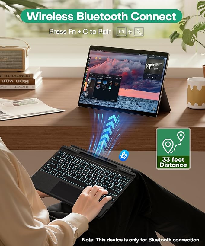 Surface Pro Keyboard for Microsoft Surface Pro 11/10/9/8/X 13", 7 Color Backlits Portable Type-Cover, Bluetooth Wireless Magnetic Ergonomic Ultra Slim Keyboard, Trackpad, USB-C Recharge, Pen Holder