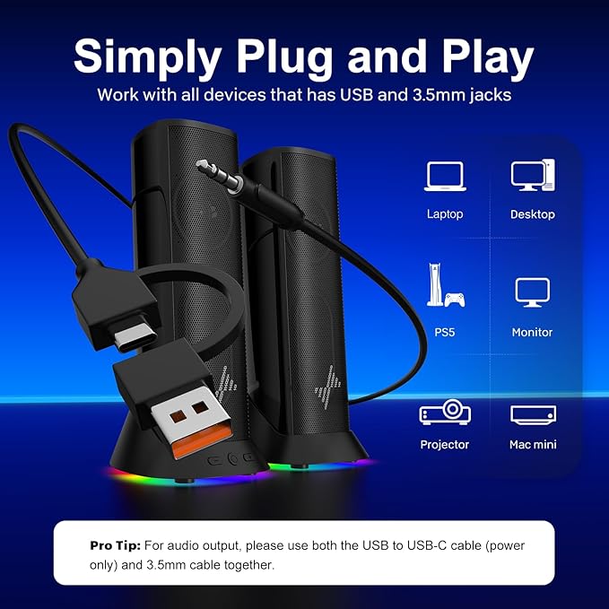 Nylavee Computer Speakers for Desktop PC, Immersive Sound with RGB Lights, USB/USB-C Powered & 3.5mm AUX-in Plug-and-Play Speakers for Monitor & Laptop
