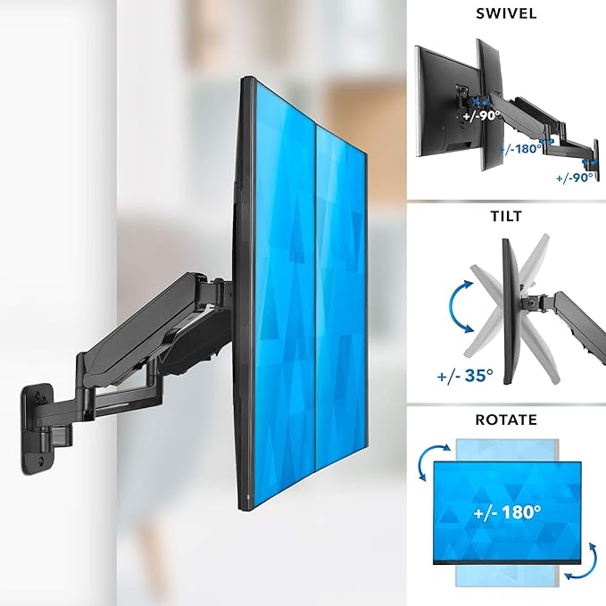 Mount-It! Dual Monitor Wall Mount Bracket - Double Computer Monitor Wall Mount With Two Height Adjustable Full Motion Arms Tilt up to 17" - 32" Inch Screens with 75, 100 VESA Patterns, 19.8 Lb Per Arm