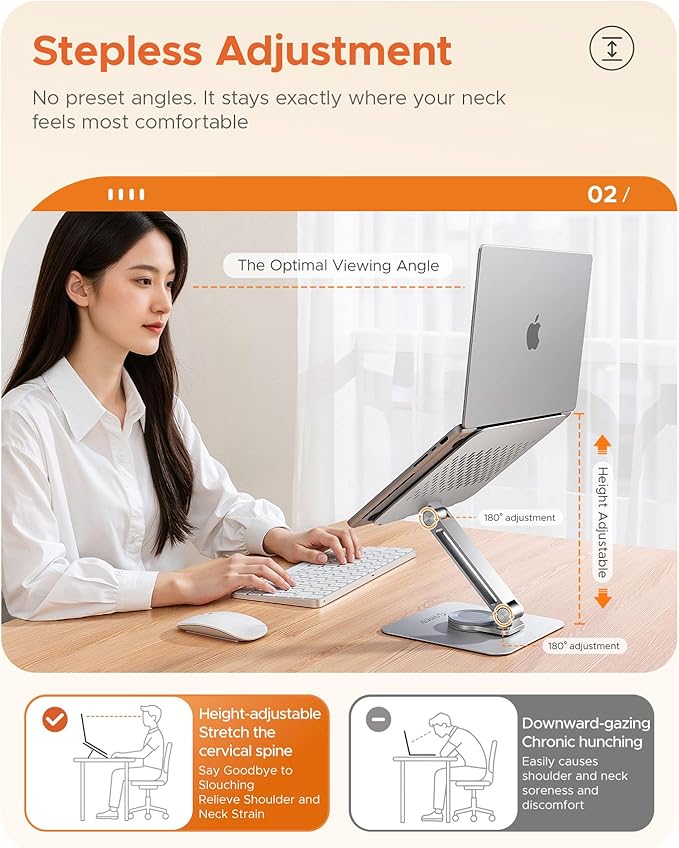 ORICO Adjustable Laptop Stand with 360° Rotating Base– Foldable Aluminum Alloy Laptop Holder for Desk, Compatible with MacBook Air/Pro, Dell, HP, XPS Laptops (13–17.3”) - ST10, Silver