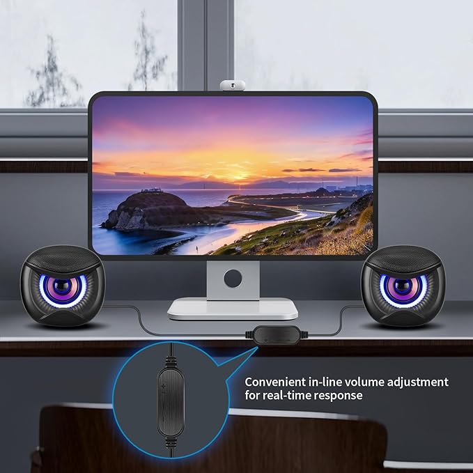 USB Computer Speakers, 3.5mm Aux Speaker and USB Powered Interface are Suitable for Desktop Laptop Monitor, Owl Eye Design, Includes a USB-C Adapter, Blue Lights