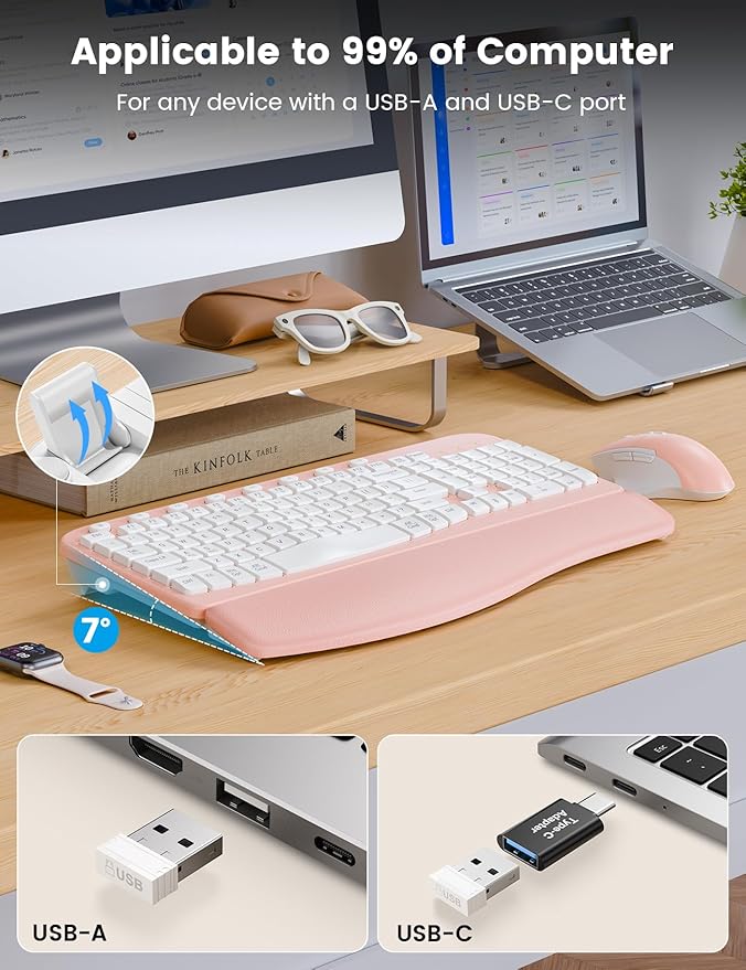 SABLUTE Wireless Keyboard and Mouse Combo, Ergonomic Wave Keys, Cushioned Plam Rest, Comfortable Silent Natural Typing, 2.4G Lag-Free, MA12 Full Size Keyboards Set for Multi-OS, Windows/Mac, Pink