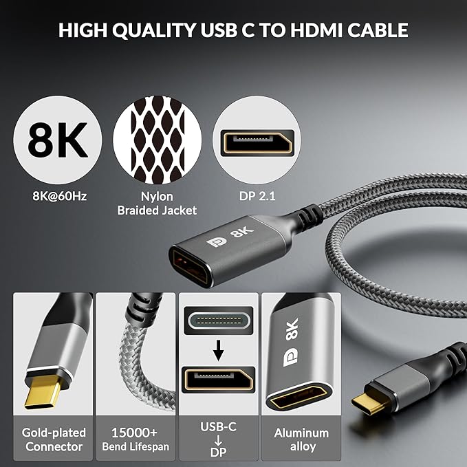 8K USB C to DisplayPort Adapter, Type-C Male (Source) to DisplayPort 1.4 Female (Screen) Converter Connector,8K@60Hz,4K@144Hz,4K@120Hz for iPhone 15 Series, MacBook Pro, Air, iPad Pro, Galaxy S23