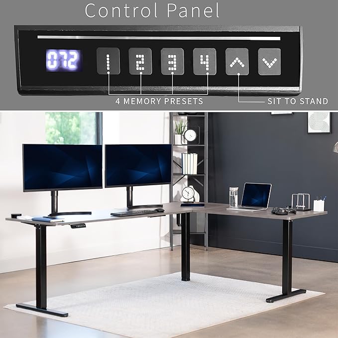 VIVO Corner Standing Desk, 84 x 63 inch Reversible L-Shaped Workstation, Electric Height Adjustment, Home, Office, and Reception Rooms, Dark Gray Table Top Black Frame, DESK-E3CTBG-84