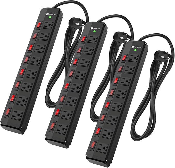 3PCS 8 Outlet Heavy Duty Power Strip with 8 Individual Switches,Moutable Metal Power Strip Surge Protector 1200 Joules,6FT 14AWG Extension Cord,15A 1800W 125V 60Hz
