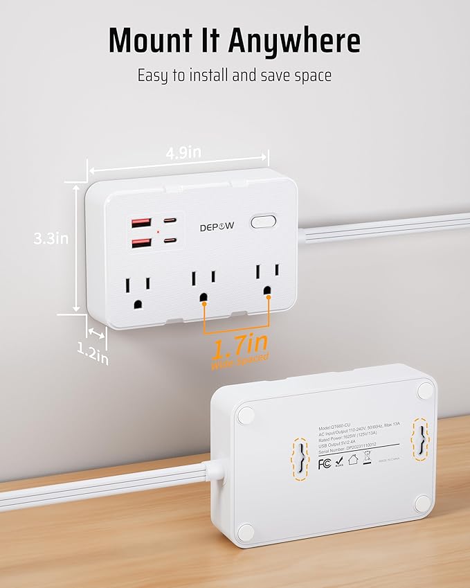 Surge Protector Power Strip with Flat Plug, 5 FT Extension Cord with 6 AC Outlets 4 USB Ports(2 USB-C),1050J Surge Protection, Wall Mountable Charging Station for Office, Home, White