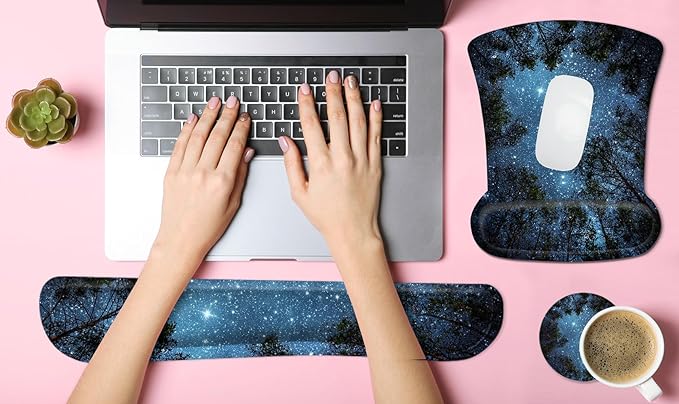Ergonomic Mouse Pad with Wrist Rest Support and Keyboard Wrist Rest Pad with Coaster, iDonzon Cute Wrist Pad with Non-Slip Rubber Base and Raised Memory Foam, Easy Typing & Pain Relief, Forest Starry