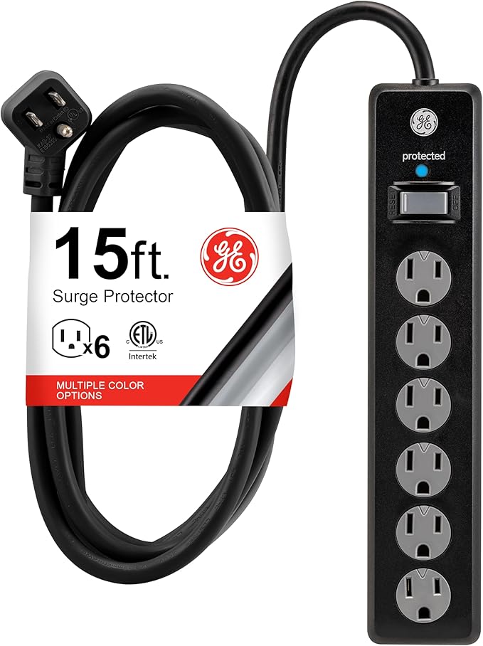 GE Surge Protector Power Strip, 15 Ft Extension Cord, 6 Outlet Extender, 800 Joules, Flat Plug, Twist-to-Close Safety Covers, ETL Listed, Black, 50767