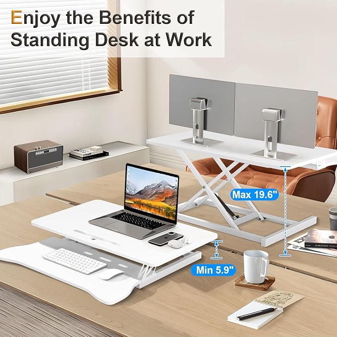 Standing Desk Converter 32 inch Height Adjustable Sit to Stand Up Desk Tabletop Dual Monitor and Laptop Workstation for Home Office with Wide Keyboard Tray Spacious 2-Tier Desktop White