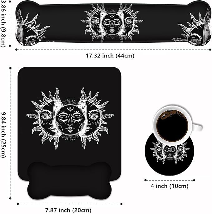 Keyboard Wrist Rest & Mouse Pad Wrist Support Set, Moon and Sun with Many Fractal Faces Celestial Energy Mystic Art Non-Slip Rubber PU Base for Home Office Working Studying Easy Typing & Pain Relief