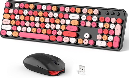 Wireless Keyboard and Mouse Combo, 104 Keys Full-Sized 2.4 GHz Round Keycap Typewriter Keyboards, USB Receiver Plug and Play, for Windows, Computer, PC, Laptop, Desktop (Black Colorful)