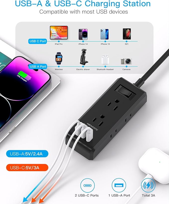 Black Extension Cord 10 Ft, HANYCONY Ultra-Thin Flat Plug Power Strip with 6 Outlets and 3 USB Ports (2 USB C), Long Extension Cord with Multiple Outlets for College Dorm Room Office Desk Essentials