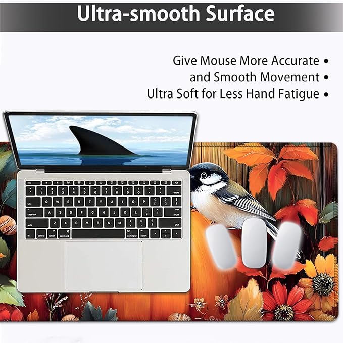Large Mouse pad and Keyboard Support Set, Ergonomic Memory Foam Keyboard Wrist Rest, Extended Gaming Mouse Pad with Stitched Edges, Fall Pumpkins and Bird XXL Desk Mat (31.5 X 11.8 in)