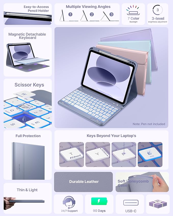 typecase Folio Keyboard Case for iPad 10th Gen 10.9 inch (2022) and iPad 11th (A16, 2025), Magnetic Wireless Detachable Keyboard, 7-Color Backlight, Thin & Light, Pencil Holder – Lavender