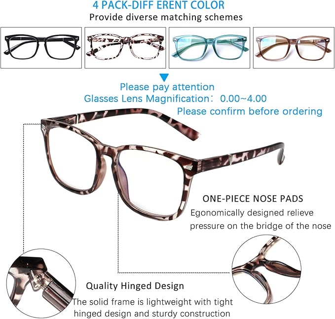 Henotin 4-Pack Blue Light Blocking Reading Glasses Women Men,Spring Hinge Computer Readers,Anti UV Ray Square Nerd Eyeglasses (4-pack Mix Color, 4.00, Diopters)