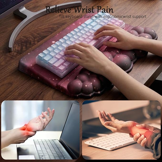 Computer Keyboard Stand Pad with Wrist Rest Dark Pink Cloud Keyboard Pad Support with Comfortable Black Galaxy Stars Wrist Pad Cute Girl Ergonomic Tilted Keyboard Riser Holder for Desktop Office Home