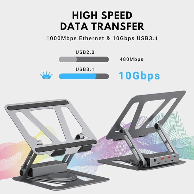 Universal 360° Portable Laptop Docking Station, Adjustable Height w/Detachable USB C Hub, 4K HDMI, USB 3.1, RJ45, 100W PD, Suitable for MacBook Pro/Air/Dell/HP/Surface/Lenovo, Plug and Play