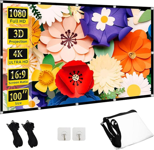 100 inch Projector Screen， Movie Projector Screen16:9 Foldable Portable Projector Screens for Movie Night Outdoor Indoor Support Double Sided Projection