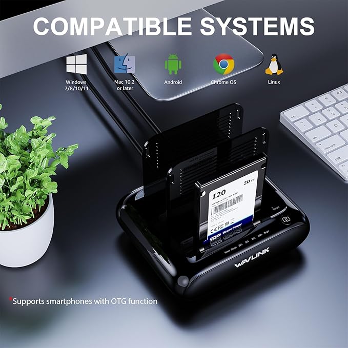 WAVLINK Dual Bay Hard Drive Docking Station - USB 3.0 to SATA I/II/III for 2.5" & 3.5" HDD/SSD with Fixed Bezel, Supports Offline Clone/Duplicator Function, Supports 2x20TB with UASP 6Gbps - Black
