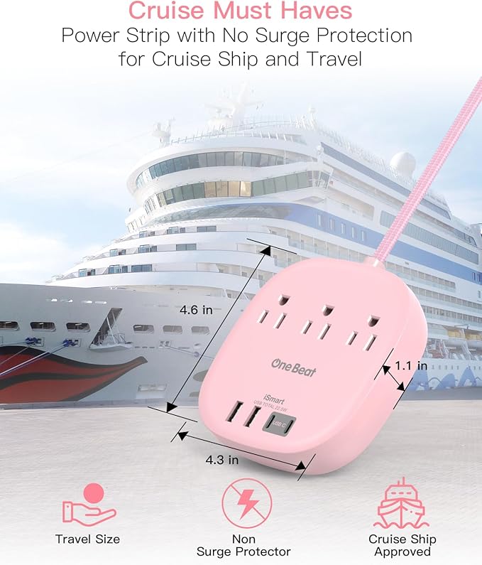 10Ft Flat Plug Power Strip, Pink Flat Extension Cord - 3 Outlets 4 USB Ports (2 USB C) Desktop Charging Station, Cruise Ship Power Strip with No Surge Protection for Travel, Dorm Room Essentials