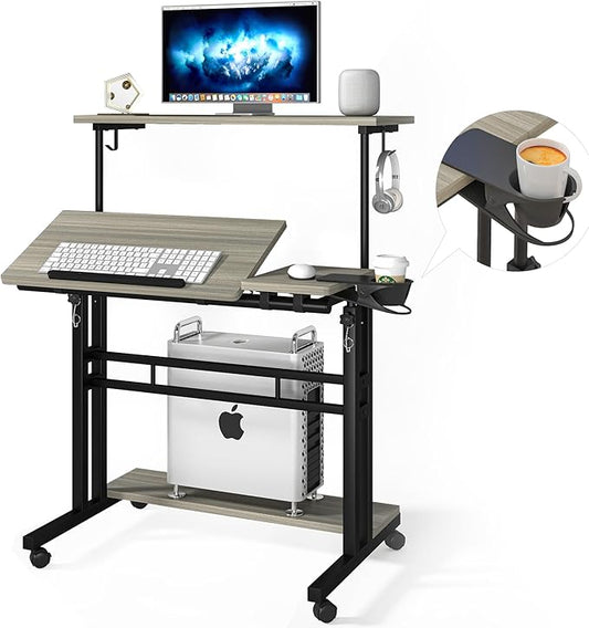 Panta Mobile Standing Desk, Adjustable Rolling Computer Desk with 3 Desktops, Portable Laptop Table with Cup Holder, Home Office Laptop Workstation on Lockable Wheels, Grey Oak