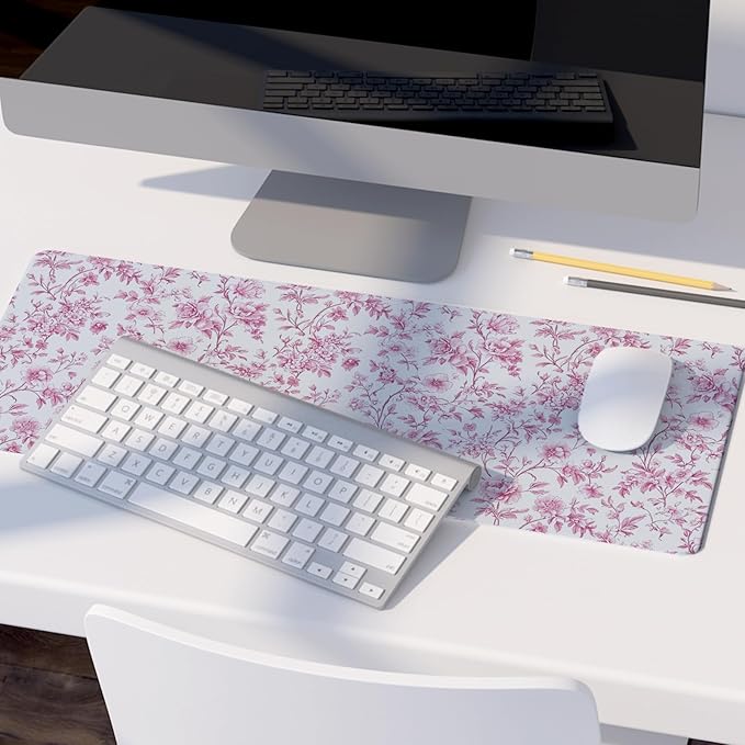 Pink Chinoiserie Mouse Pad,Vintage Pink and White Floral Desk Mat,XL Large Vintage Flowers Preppy Mouse Pad,Girly Laptop Desk Mat for Dorm Home Office,31.5x11.8 Inch