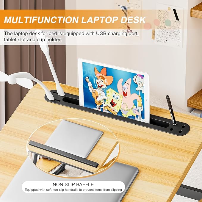 Laptop Desk for Bed, Adjustable Laptop Stand with 5 Different Angles, Portable Lap Tray Table with USB Charge Port and Cup Holder, Laptop Bed Desk Tray for Eating Working Writing (Walnut)