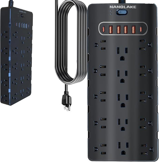 20 Amp Power Strip Surge Protector,Heavy Duty 12 Gauge 6.5 ft Cord/25 AC Outlets/4 USB A/2USB C/4000 Joules Surge protection/2500W/125V,Office Workshop Household Garage Black