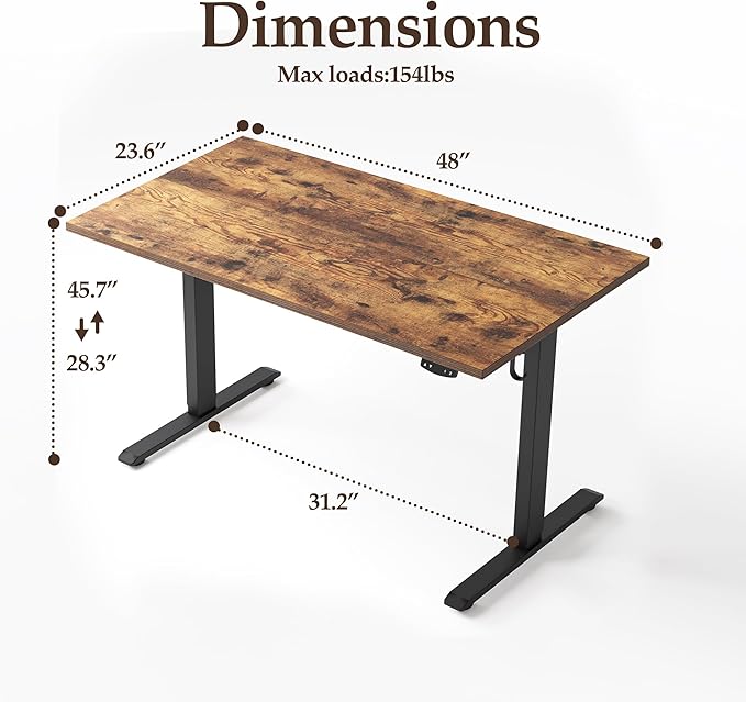 Klicelor Electric Standing Desk 48 Inch, Height Adjustable Desk for Home Office, Sit Stand Up Rising Computer Table with Memory Preset, Rustic Brown