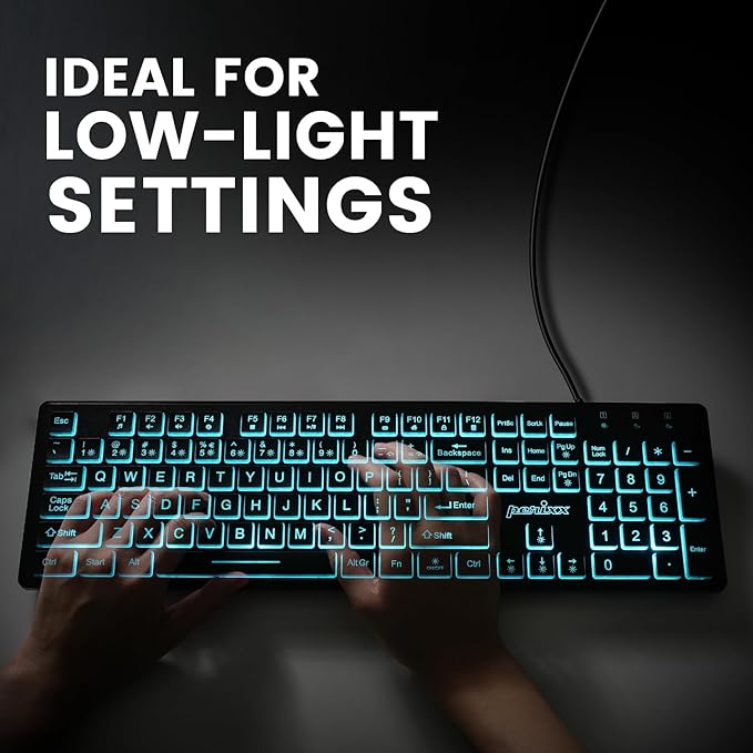 Perixx PERIBOARD-317RGB Wired Backlit USB Keyboard - Big Print Letter with RGB Illuminated LED - US English Layout