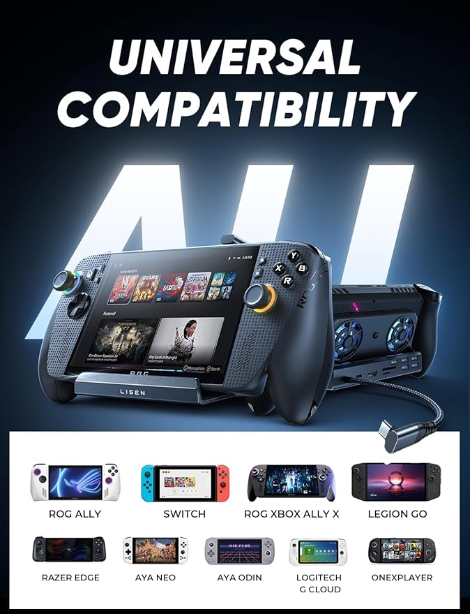 LISEN 10-IN-1 Docking Station for Steam Deck OLED&ROG Ally X&Legion Go, Dual Cooling Fan 5 USB Ports and 4K@60Hz, 100W Charging Port Support ROG Ally 30W Mode, Gigabit Ethernet Fit for Steam Deck OLED