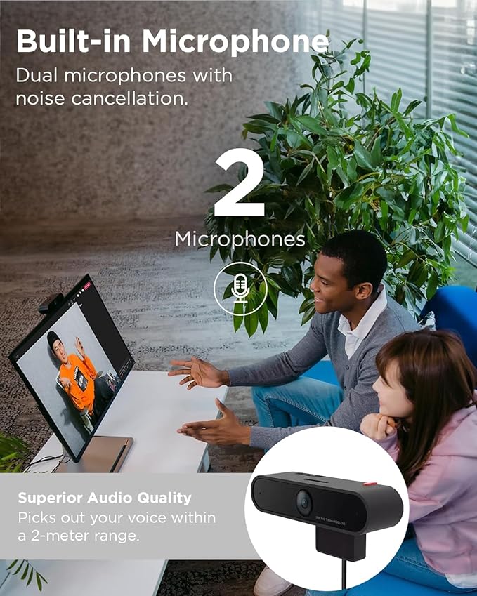 Lenovo HD 1080p Webcam (LC50) - Monitor Camera with 90° Wide Angle, Dual Microphones & Smart Video Capture – Magnetic Desktop Cam w/ Privacy Shutter & Light for Virtual Class, Meetings & Conferences