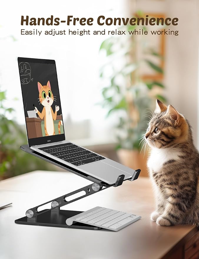 Laptop Stand for Desk – Adjustable Aluminum Laptop Riser with Unique Cat-Shaped Cooling Vent, Portable Desk Gift & Decor, Compatible with MacBook Air Pro, Dell, HP, Lenovo (10"-17.3"), Black