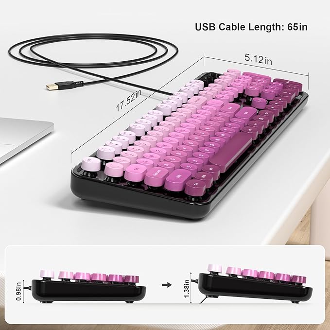 Computer Keyboard Wired, Plug and Play USB Retro Round Typewriter Keyboard, Full Size Wired Keyboard with Foldable Stands for Laptop and Office PC- Black Pink Gradient