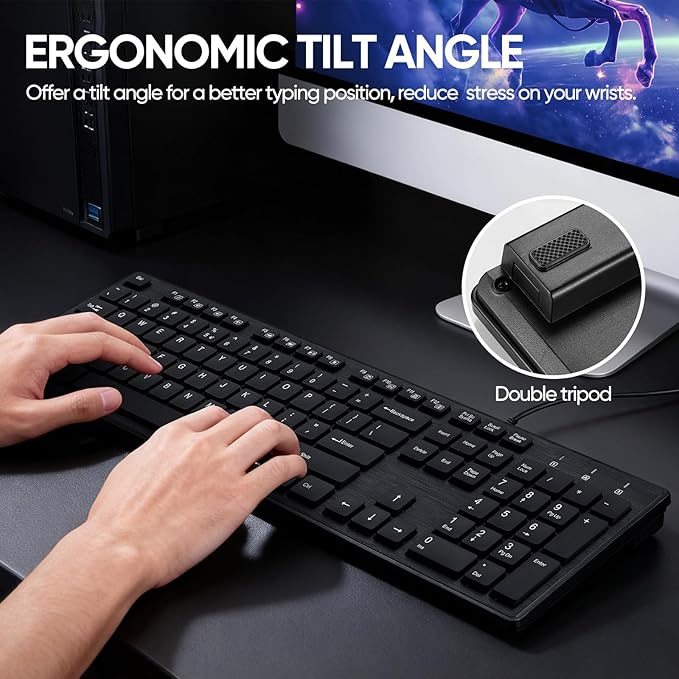 Wired Keyboard and Mouse Combo, Full-Sized Ergonomic Computer Keyboard and Optical Wired Mouse for Windows, Mac OS Desktop/Laptop/PC-Black