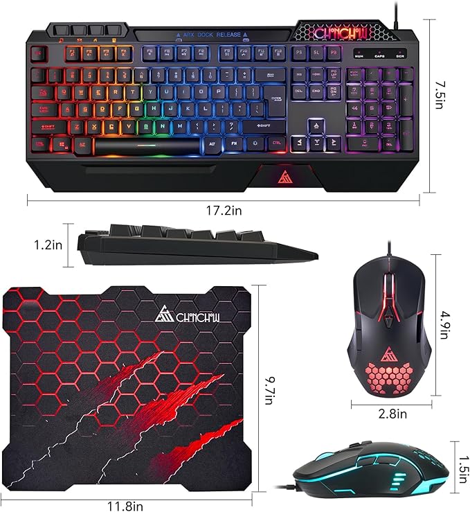 CHONCHOW Gaming Keyboard and Mouse Combo, USB Wired RGB Backlit Anti-Ghosting Silent Keyboard with Ergonomic Wrist Rest & Phone Holder, 7D 7200DPI Gaming Mouse for PC Gamer Xbox PS4 PS5 (RGB-Black)