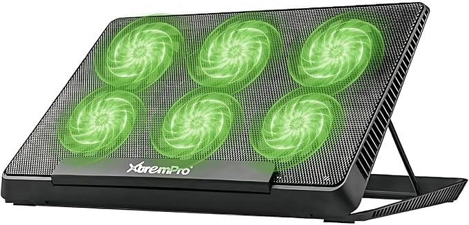 Portable Metal Mesh Laptop Cooler Cooling Pad, 6 Quiet Fans w/Green LED Light, 5 Adjustable Heights, Up to 17" in Notebook, 2 USB Interface w/Speed Control Switch, Non-Slip - Black (11147)