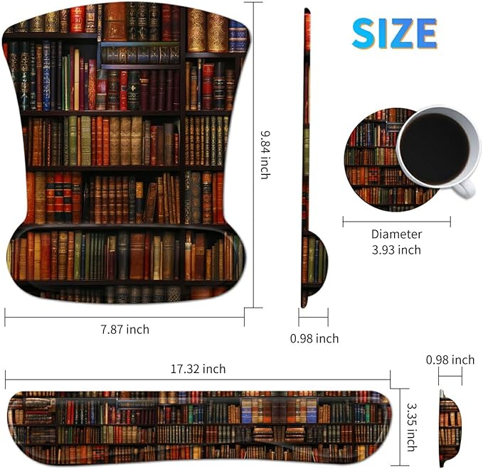 Ergonomic Mouse Pad with Wrist Support Gel Mousepads and Upgrade Keyboard Wrist Rest Pad Set, Coasters Non-Slip PU Base Mouse Mat for Office Gaming Computer Laptop Home, Library Books