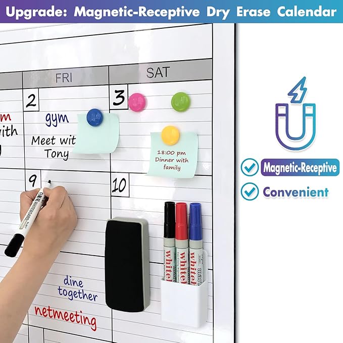 Magnetic-Receptive Dry Erase Monthly Extra Large White Board Calendar for Wall 38x50, Big Whiteboard Calendar with Iron Sheet Backing-Works with Magnetic Markers Eraser, Giant Blank Poster with Square