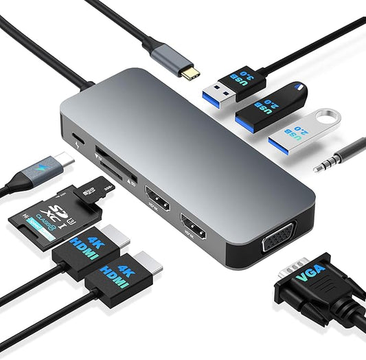 Docking Station Dual Monitor, USB C to Dual HDMI Adapter, Computer Docking Station for Laptop, Dual Monitor Adapter, 10 in 1 USB C Hub Multiport with HDMI/VGA/PD/USB/SD/TF/3.5mm Audio