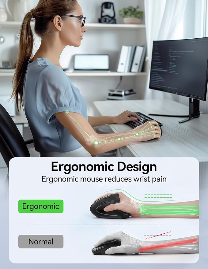 TECKNET Ergonomic Mouse, Wireless Rechargeable Vertical Mouse for Carpal Tunnel Right Hand, 4800 DPI 5 Adjustable Levels 2.4GHz with USB-A Receiver, Silent Click, for Laptop, PC, Desktop (Not USB-C)
