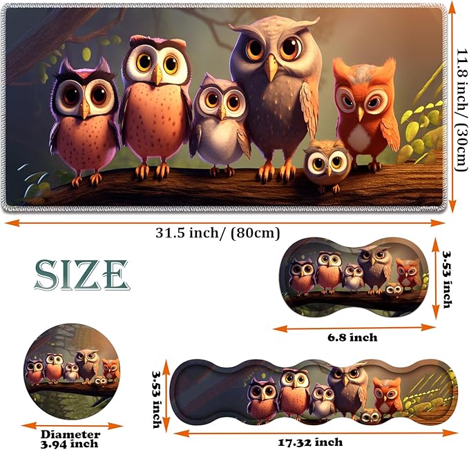 Large Gaming Mouse Pad + Keyboard Wrist Rest + Wrist Support + Coaster Set, Memory Foam Ergonomic for Easy Typing, XXL Extended Gaming Mouse Pad Table Pad - Cute Owl