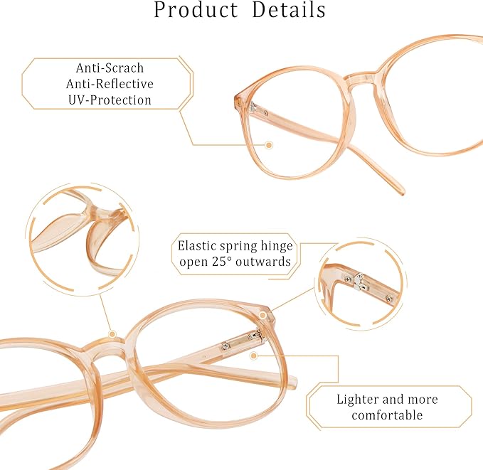 LifeArt Round Blue Light Blocking Glasses, Computer Glasses, Gaming Glasses, TV Glasses for Women Men (Champagne, 1.25 Magnification)