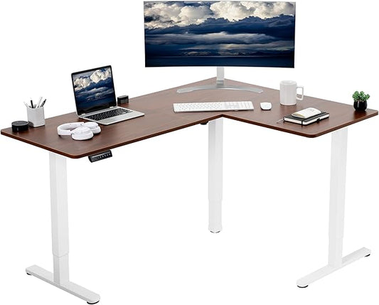 VIVO Corner Standing Desk, 63 x 47 inch Reversible L-Shaped Workstation, Electric Height Adjustment, Home, Office, and Reception Rooms, Dark Walnut Table Top White Frame, DESK-E3CTWD-47