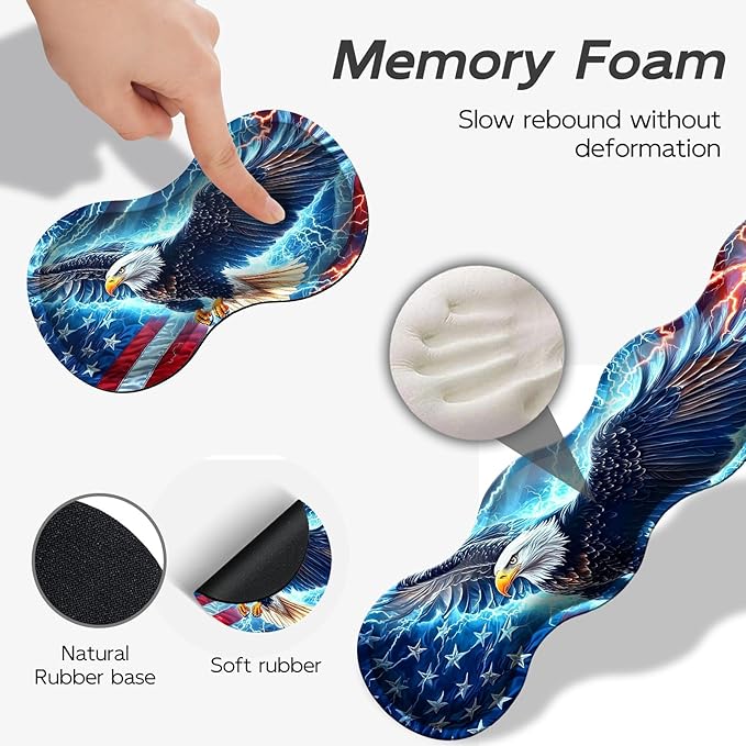 Gaming Mouse Pad Set, American Flag Eagle Large Desk Mat Mousepad, Keyboard Wrist Support, Mouse Wrist Rest, Coaster 4in1 Ergonomic Memory Foam, Non-Slip Stitched Edge for Home Office