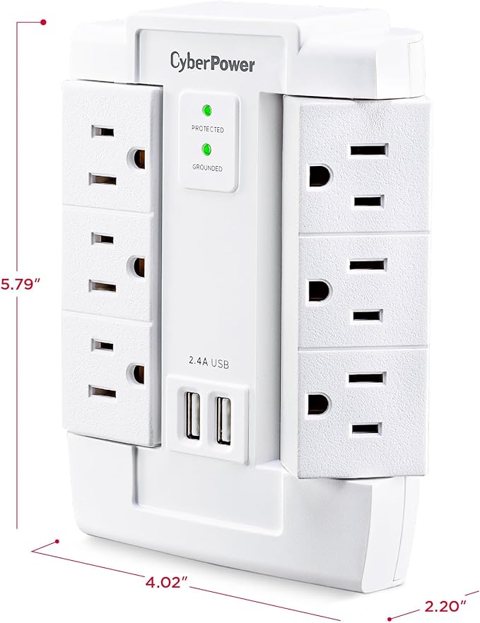 CyberPower CSP600WSURC2 Surge Protector, 1200J/125V, 6 Swivel Outlets, 2 USB Charging Ports, Wall Tap Design, White
