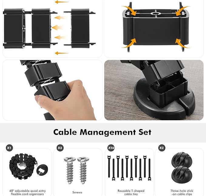 Yaomiao 1 Pack Under Desk Vertebrae Cable Management Kit Standing Desk 48'' Adjustable Quad Entry Flexible Cord Organizer with Ties, Stick-on Clips Cable Management Set for Home User Office Worker