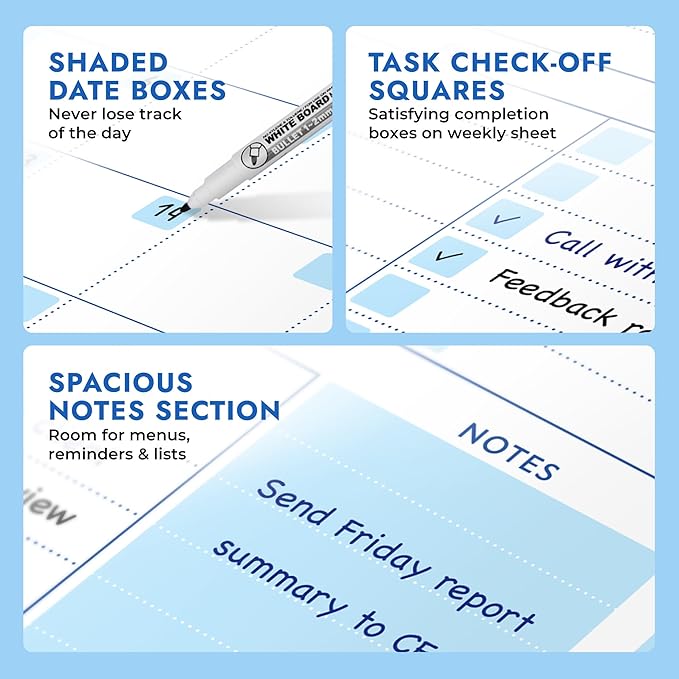 Magnetic Whiteboard Calendar for Fridge – 2-Pack Monthly & Weekly Planners (14”x12”) – Dry Erase Boards with Notes Section, Shaded Dates – Includes 4 Markers & Magnetic Eraser